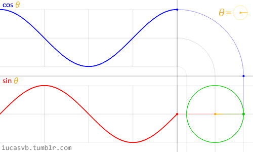 1ucasvb:

The sine and cosine functions for the circle, as every student should see them.

(Edit: the animation is also available, without watermark, at higher resolution and slower frame rate at Wikimedia Commons.)

HAPPY PI DAY! To celebrate, here’s this long-due animation of the usual trigonometric functions, sine and cosine, geometrically defined in terms of the unit circle.

I know this animation is a bit of   the same   as several   others   of my previous   animations  , but this is THE version that I should have done ages ago, if not done first of all.

This is what the sine and cosine functions, the ones you are taught, really are in terms of the unit circle.

First, we have the unit circle (with radius = 1) in green, placed at the origin at the bottom right.

In the middle of this circle, in yellow, is represented the angle theta (θ), that we’re going to plug in our trigonometric functions. This angle is the amount of counter-clockwise rotation around the circle starting from the right, on the x-axis, as you can see. An exact copy of this little angle is shown at the top right, visually helping us define what θ is.

At this angle, and starting at the origin, we trace a (faint) green line outwards. This line intersects the unit circle at a single point, which is the green point you see spinning around at a constant rate as the angle θ changes, also at a constant rate.

Now, we take the vertical position of this point and project it straight (along the faint red line) onto the graph on the left of the circle. This gets us the red point. The y-coordinate of this red point (the same as the y-coordinate of the green point) is the value of the sine function evaluated at the angle θ, that is:

y coordinate of green point = sin θ

As the angle θ changes, we can see the red point moves up and down, tracing the red graph. This is the graph for the sine function. The faint vertical lines you see passing to the left are marking every quadrant along the circle, that is, at every angle of 90° or π/2 radians. Notice how the sine curve goes from 1, to zero, to -1, then back to zero, at exactly these lines. This is reflecting the fact sin(0) = 0, sin(π/2) =1, sin(π) = 0 and sin(3π/ 2) -1

Now, we do a similar thing with the x-coordinate of the green point. However, since the x-coordinate is tilted from the usual way we plot graphs (where y = f(x), with y vertical and x horizontal), we have to “untilt” it in order to repeat the process above in the same orientation. This was represented by that “bend” you see on the top right.

So, the green point is projected upwards (along the faint blue line) and this “bent” projection ends up in the top graph’s rightmost edge, at the blue point. The y-coordinate of this blue point (which, as you can see due to our “bend”, is the same as the x-coordinate of the green point) is the value of the cosine function evaluated at the angle θ, that is:

x coordinate of green point = cos θ

The blue curve traced by this point, as it moves up and down with changing θ, is the the graph of the cosine function. Notice again how it behaves at it crosses every quadrant, reflecting the fact cos(0) = 1, cos(π/2) = 0, cos(π) = -1 and cos(3π/2) = 0.

And there you go. That’s all there is to it. That’s what sine and cosine are. Simple, huh?

Now, while the concept itself is pretty simple, a lot of people get confused about what the sine and cosine functions actually represent, because visualizations such as this are not presented to them when they are first taught trigonometry.

A lot of teachers, and plenty of school books, fail to mention any of this in detail, as I tried to do here, instead throwing a bunch of formulas in front of students. But the geometric intuition, as presented here, is much simpler to grasp, much more useful in general, and will stick to you for life once you get it. The formulas and important values for sine and cosine don’t need to be memorized anymore, because now you should understand what these values should be, given the underlying logic of things. And that’s what math is all about: making sense of things so they are plainly evident to anyone.

In my most popular post to date (over 360 thousand notes as of now, holy crap!), I saw a lot of people commenting that seeing the top graph, which is the sine function for the circle, made all that trigonometry stuff click.

I was baffled. People were angry that no teacher has ever showed anything like that to them before. That’s crazy! At this age where computers are everywhere, this sort of thing should be in every classroom, and be seen by every student.

So, in order to do justice to the unit circle and these immensely important trigonometric functions, and in order to fill an obvious pedagogical hole in math classrooms and textbooks everywhere, I decided to finally make this animation. No fancy or crazy alternative takes on the sine and cosine this time, just the good ol’ pair of trigonometric functions we all should understand and love.

Happy Pi Day, everyone!