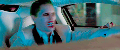 Jared Leto's Joker fist pumping in car Suicide Squad